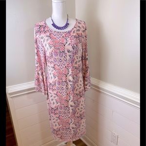 Olivia Matthews Gorgeous Embossed Print Bell Sleeved Shift Dress L FREE SHIP